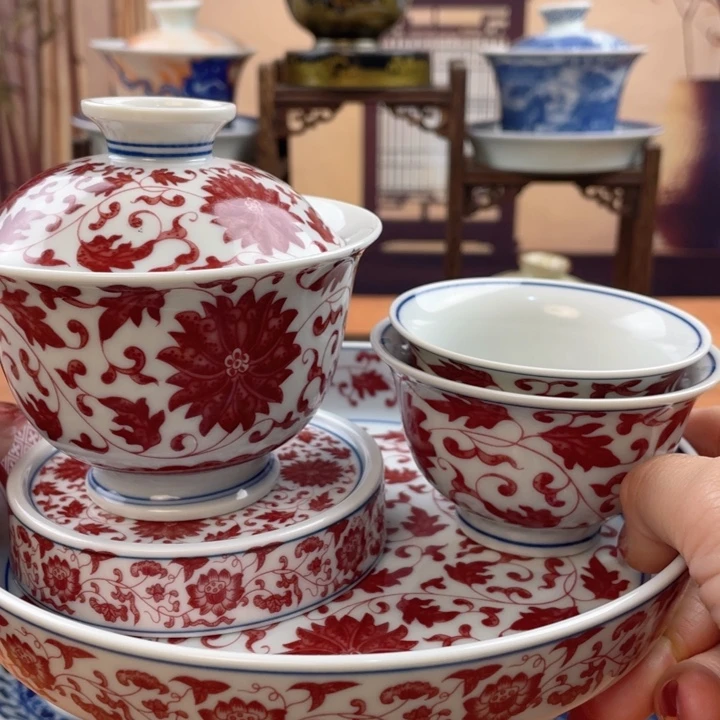 摆件陶釉里红缠枝莲五件套