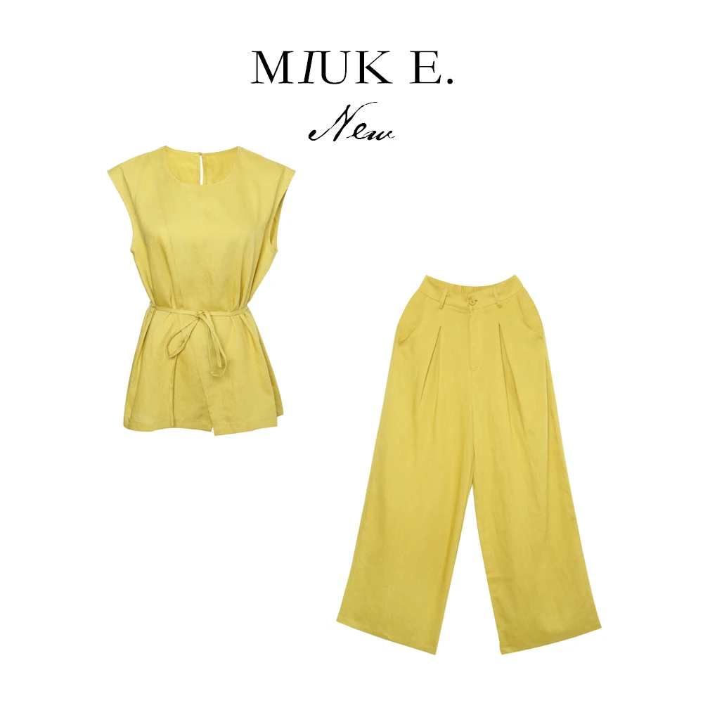 MIUKE 【冰爽夏日】25年雨露亚麻夏季简约开叉套装女上衣裤子两件套