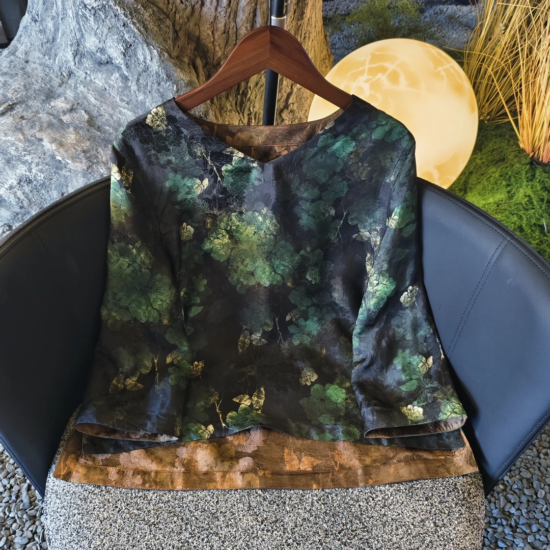 【南笙】双面双穿上衣小衫新中式国风V领提花气质七分袖T恤女