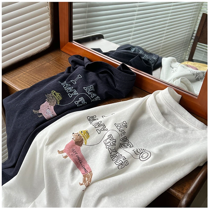 韩系小清新~洋气字母腊肠狗圆领宽松雪花棉短袖T恤女夏季薄款上衣