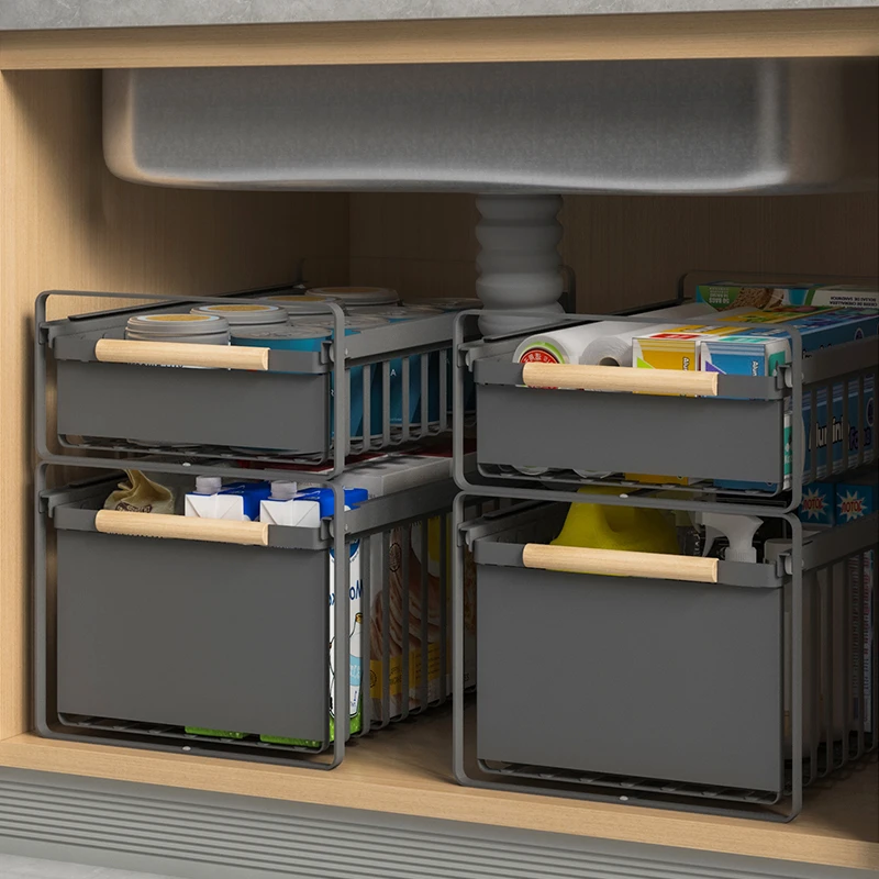 下水槽置物架抽拉式橱柜内分层架双层抽屉拉篮厨房台下调料品收纳