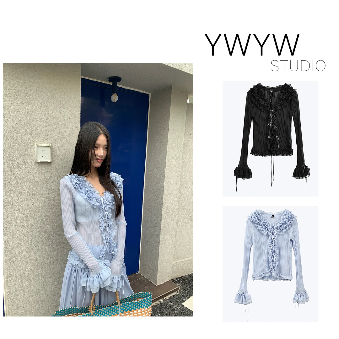 【YWYW25S/S】夏季显瘦气质镂空收褶对襟喇叭袖罩衫T恤5013