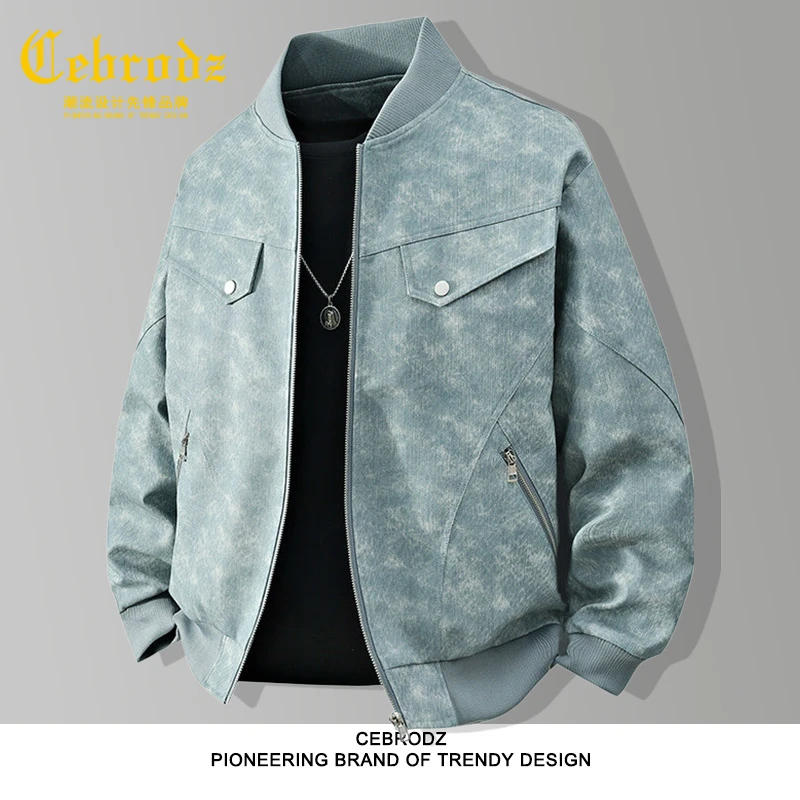 法国Cebrodz春秋宽松大码夹克男士时尚休闲潮棒球立领PU皮衣外套