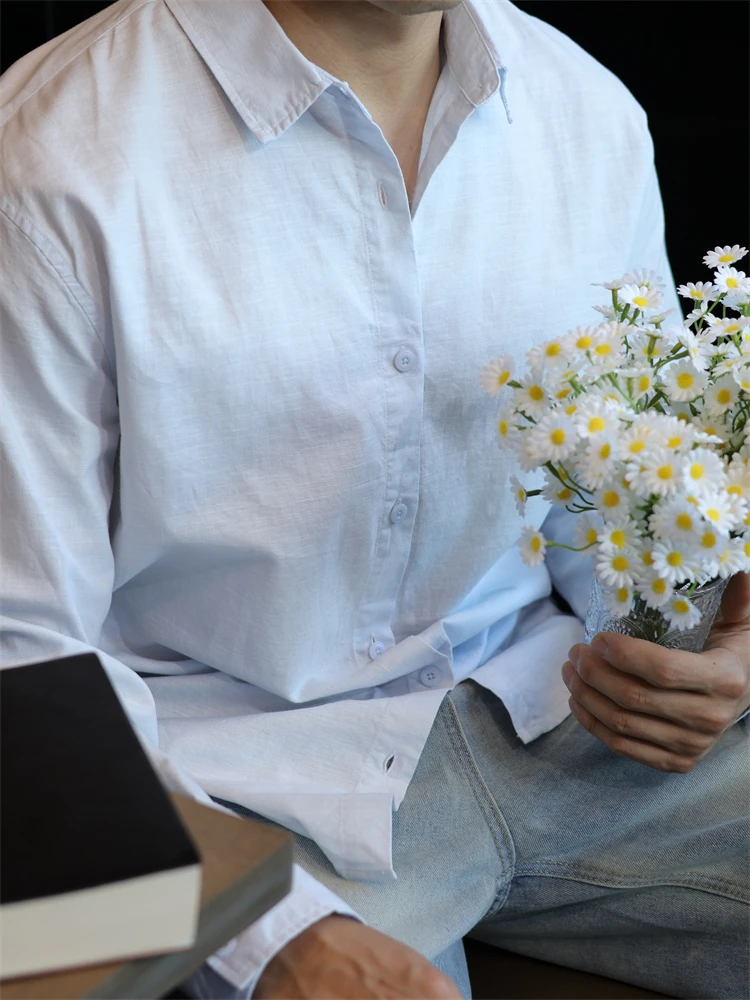 简素Design老钱垂感亚麻休闲长袖衬衫男宽松基础通勤防晒外套春秋