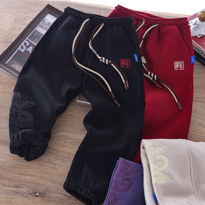 儿童加绒刺绣裤子男童冬装加厚保暖裤一体绒运动裤棉裤832