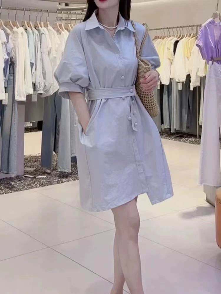 2025夏季新款Polo衬衫连衣裙显瘦收腰百搭带腰带衬衣裙女气质休闲