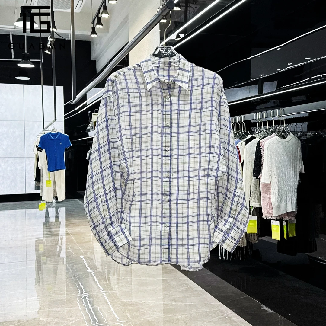 GUABMN夏季新款轻薄百搭时尚显瘦格子气质长袖衬衫度假风穿搭5269