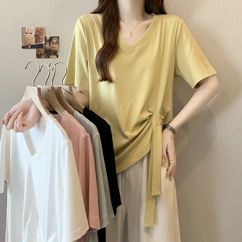 【小曹大码】夏装新款女时尚设计感飘带不对称短袖T恤-ONL33711