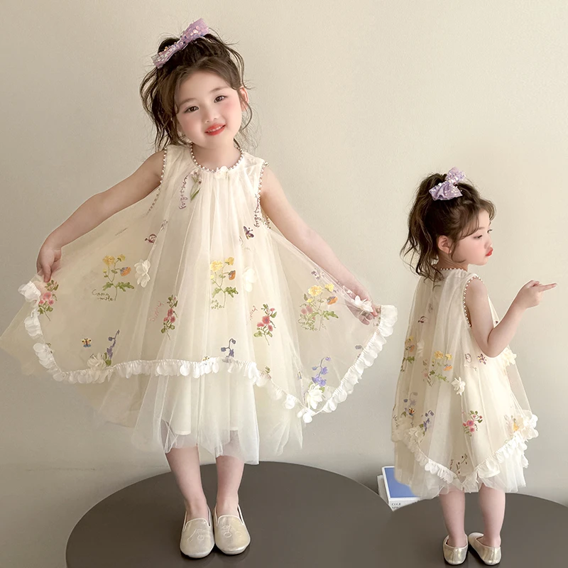 女童公主裙小女孩网纱背心裙夏季2025新款洋气儿童甜美碎花连衣裙