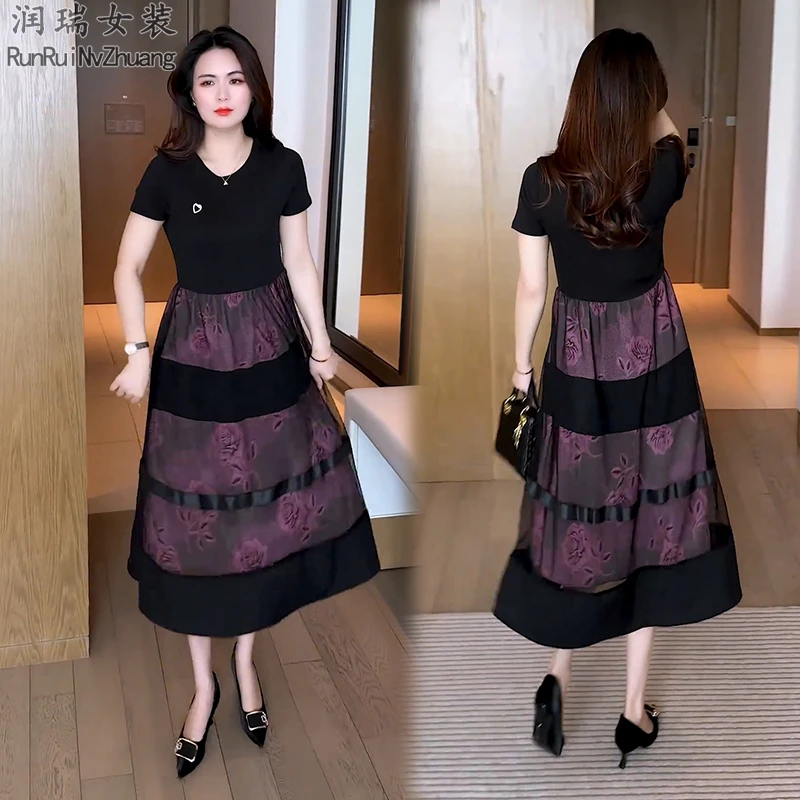 碎花拼接成人圆领大码连衣裙短袖A字裙斜肩中长裙夏季妈妈装潮流