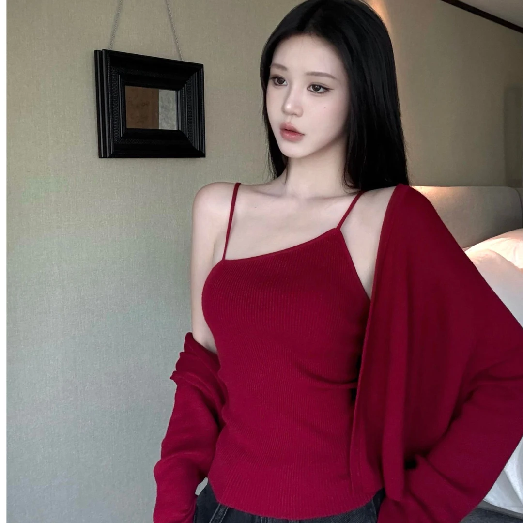 韩系巨好看慵懒风气质简约百搭长袖针织吊带背心开衫两件套上衣女