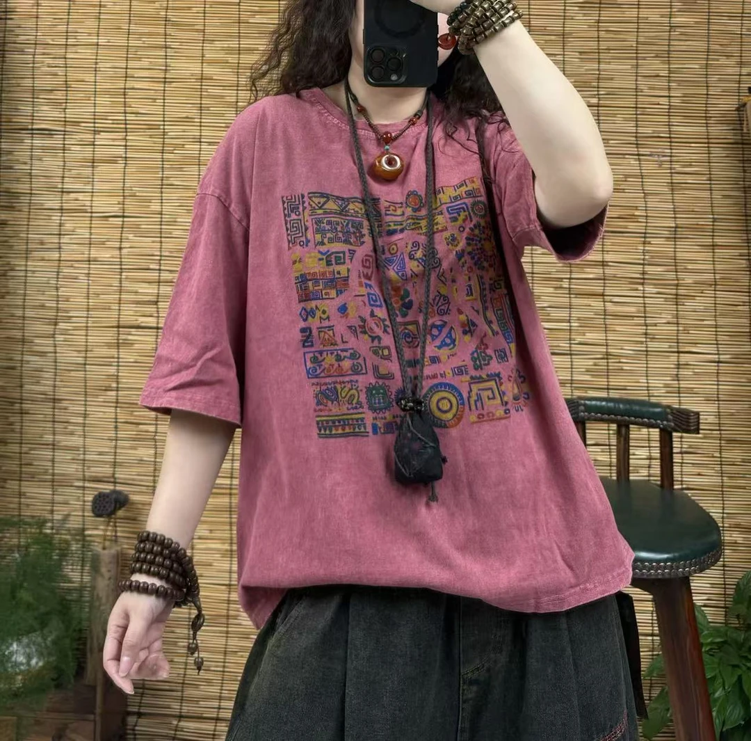 796炒色民族风图案短袖T（长63，90-160斤）