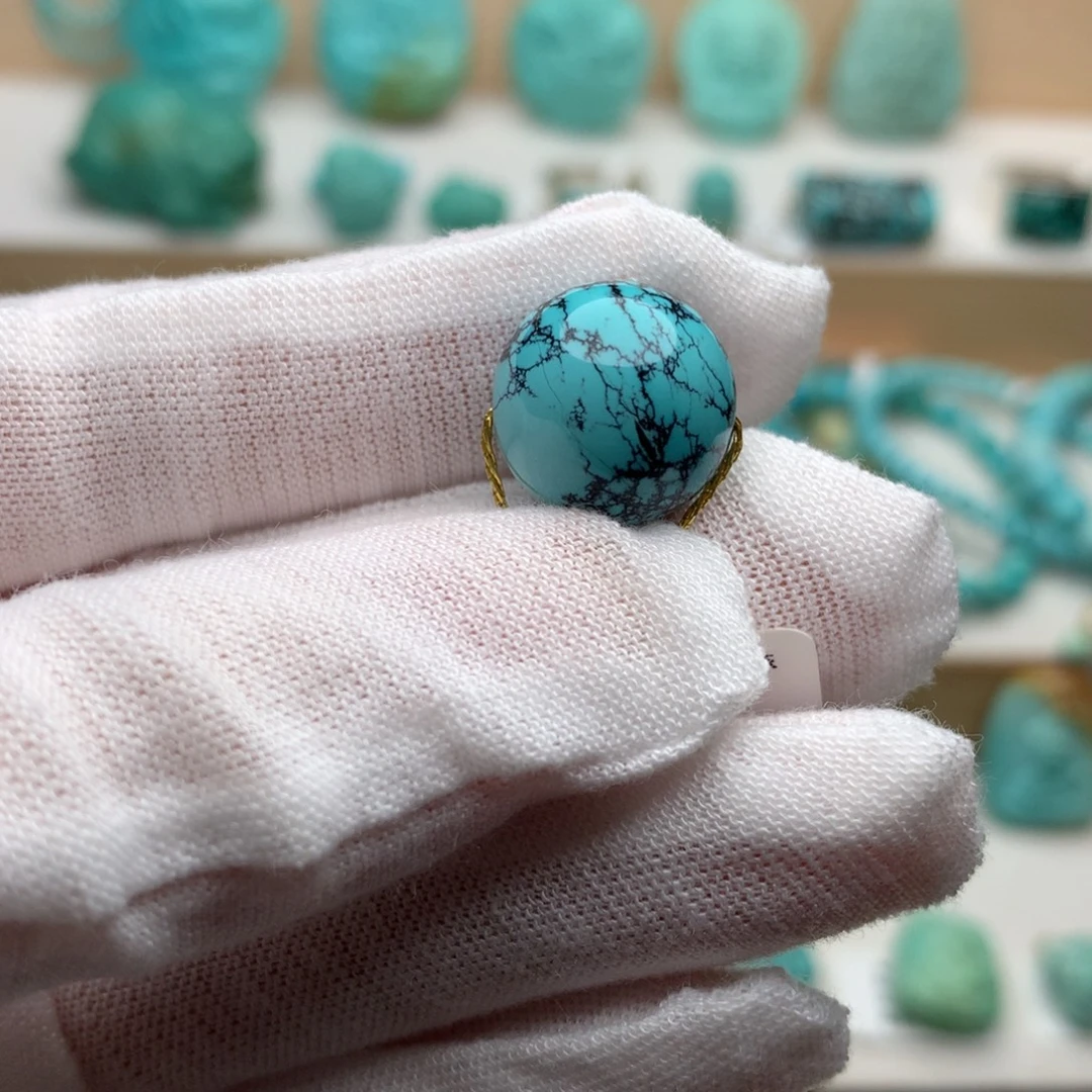 绿松石未镶嵌珠宝奇石高瓷蓝网花圆珠14.1mm