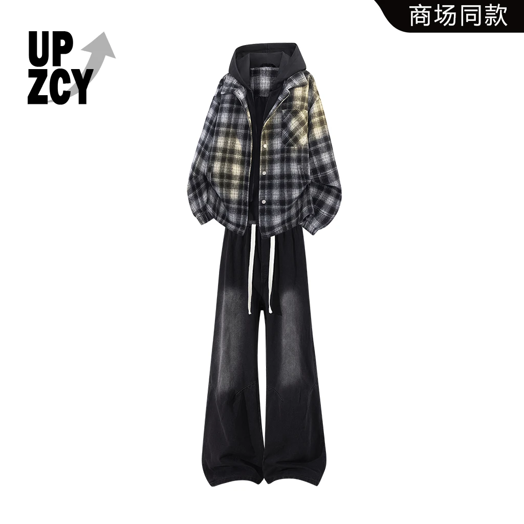 UPZCY潮流拼接条纹格子夹克男套装秋冬宽松百搭休闲裤两件套男装