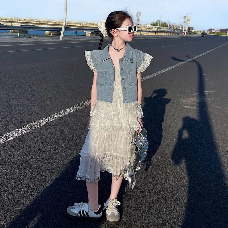 2025女童夏季新款韩版洋气白色蕾丝蛋糕连衣裙百搭牛仔上衣两件套