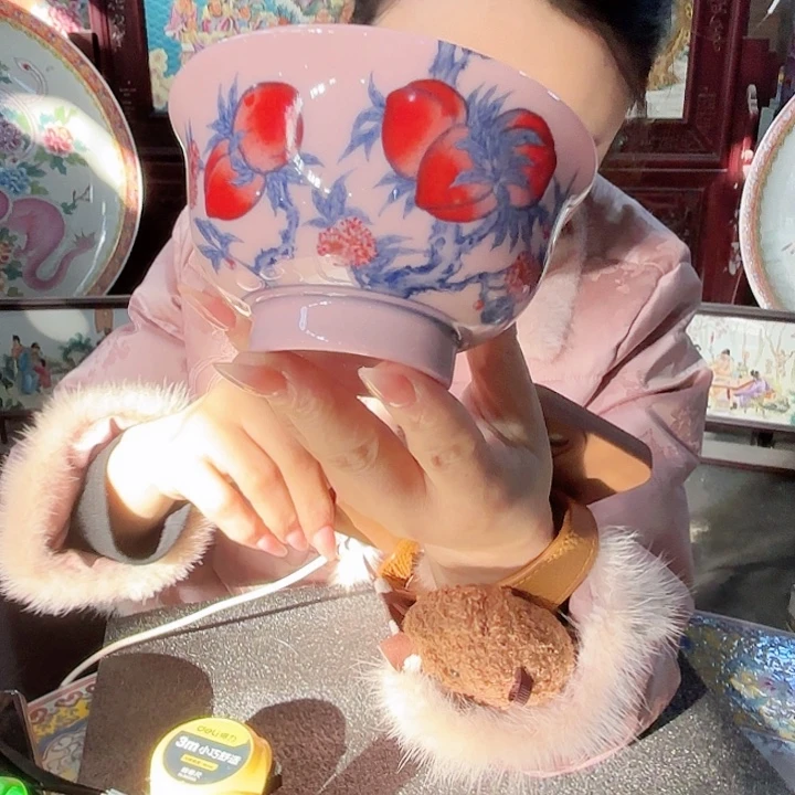 摆件陶景德镇高温陶瓷桃子画片红希希碗