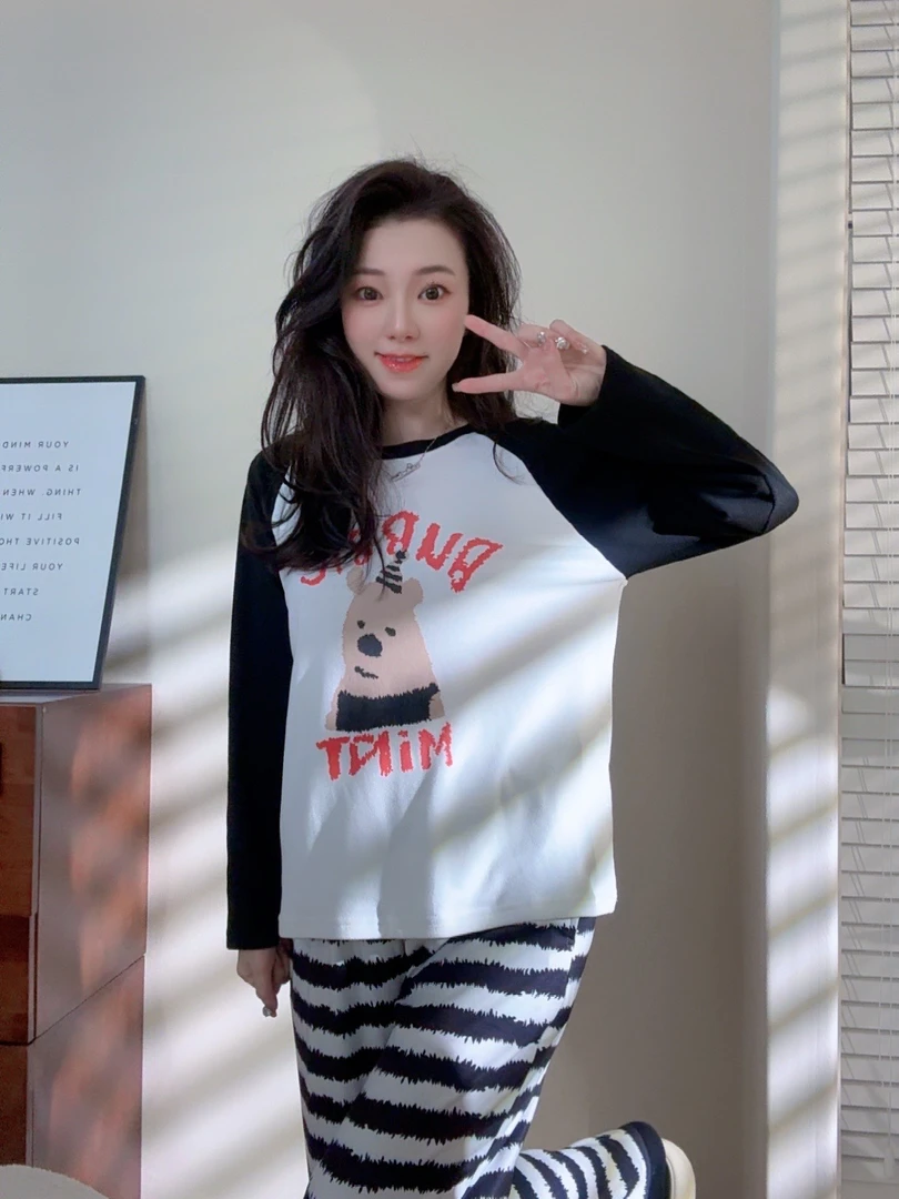 卡之恋睡衣德绒加绒加厚长袖秋冬季女学生两件套条纹长裤家居服