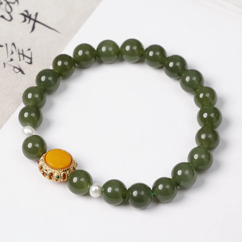 原创天然和田玉蜜蜡转珠手链-8798