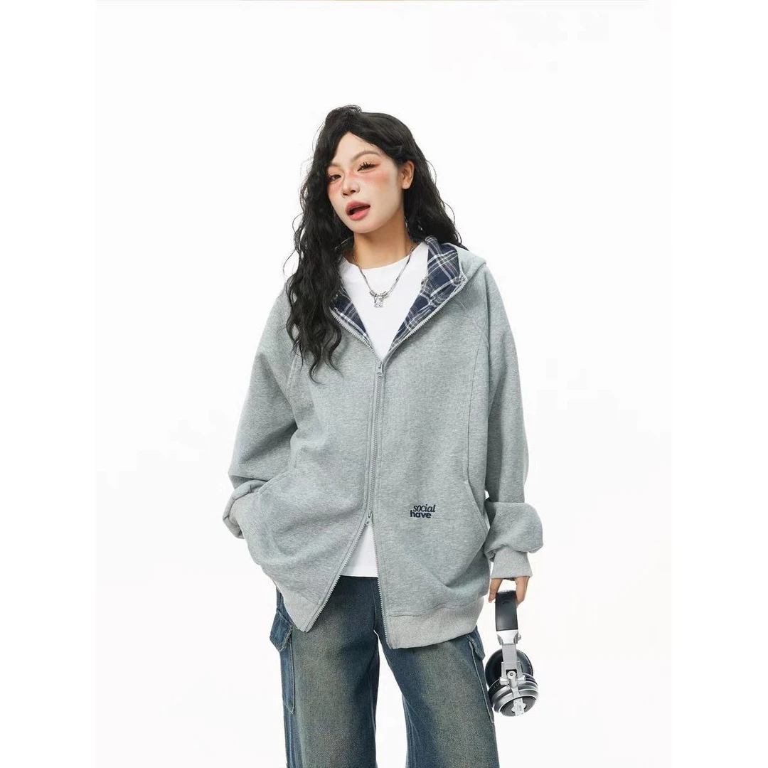 爱依服【秋季爆款】蓝可乐 灰色拉链开衫连帽卫衣女秋季美式重磅格