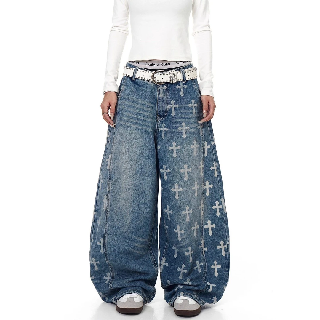 美式复古印花弯刀牛仔裤男女潮牌高街宽松阔腿裤