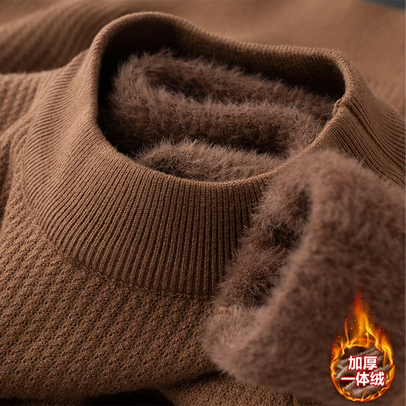 冬季加绒加厚款保暖一体绒圆领毛衣男长袖修身休闲套头针织衫男士