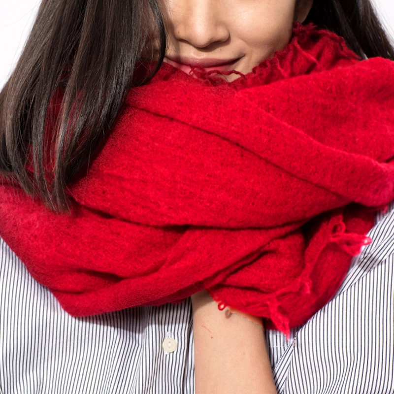 水煮酒红秋冬季保暖纯羊毛冬天围巾女文艺日系超大毛边披肩两用