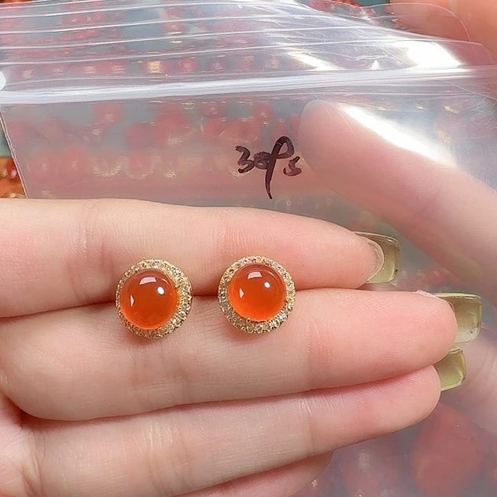 南红玛瑙银S925镶嵌耳饰