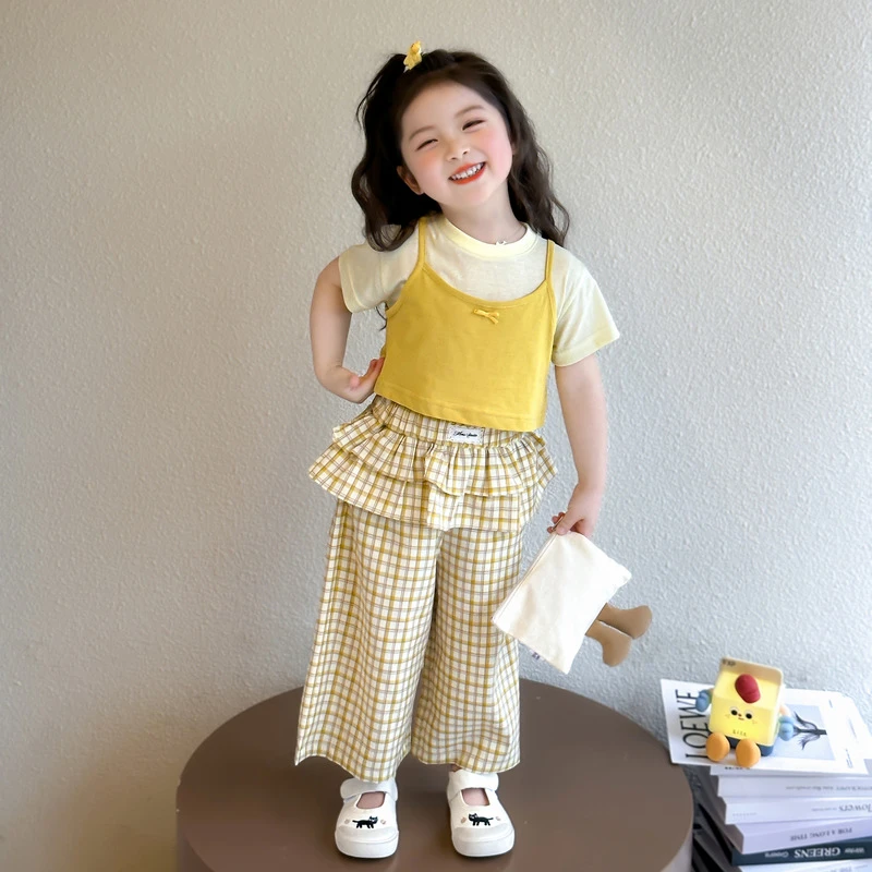 女童夏装套装2025新款儿童吊带短袖阔腿裤时髦三件套宝宝夏季衣服