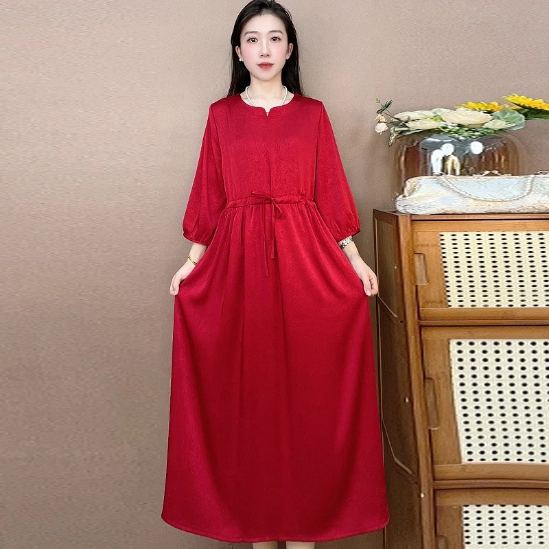 红色龟裂纹腰绳 气质中长款时连衣裙百搭遮肉裙子