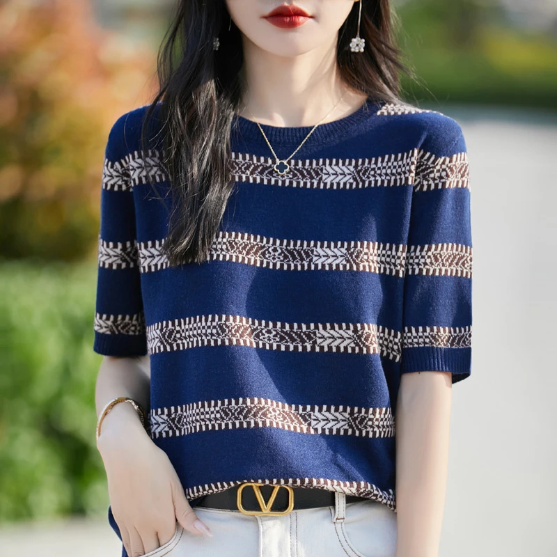 正品桑蚕丝新款女士夏季圆领条纹撞色半袖套头针织衫百搭T恤上衣