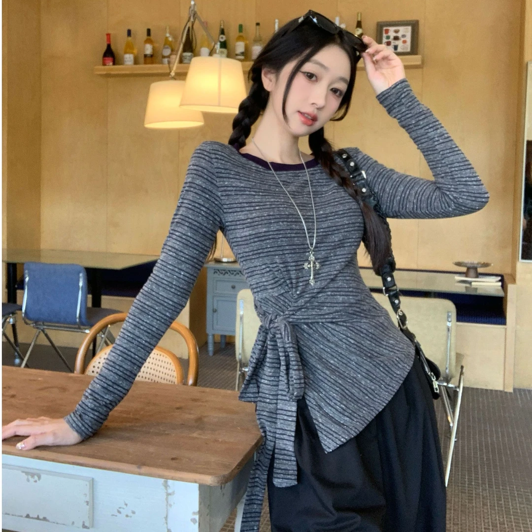 设计感绑带收腰条纹长袖T恤女秋季2025新款韩版辣妹撞色显瘦上衣