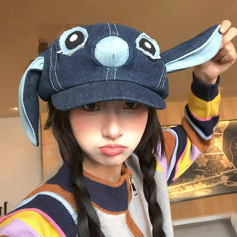 原创版！大耳史迪仔复古深牛仔贴布贝雷帽女生显脸小八角帽子百搭