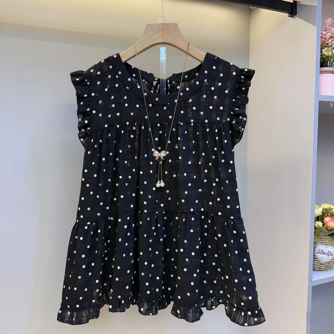 2025新款大码女装宽松韩版木耳边袖减龄洋气波点衫