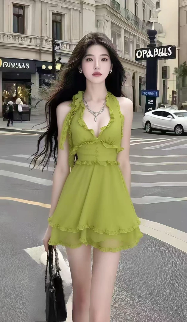 新款时尚轻奢显瘦千金风绿色V领无袖挂脖收腰设计感纯欲连衣裙女