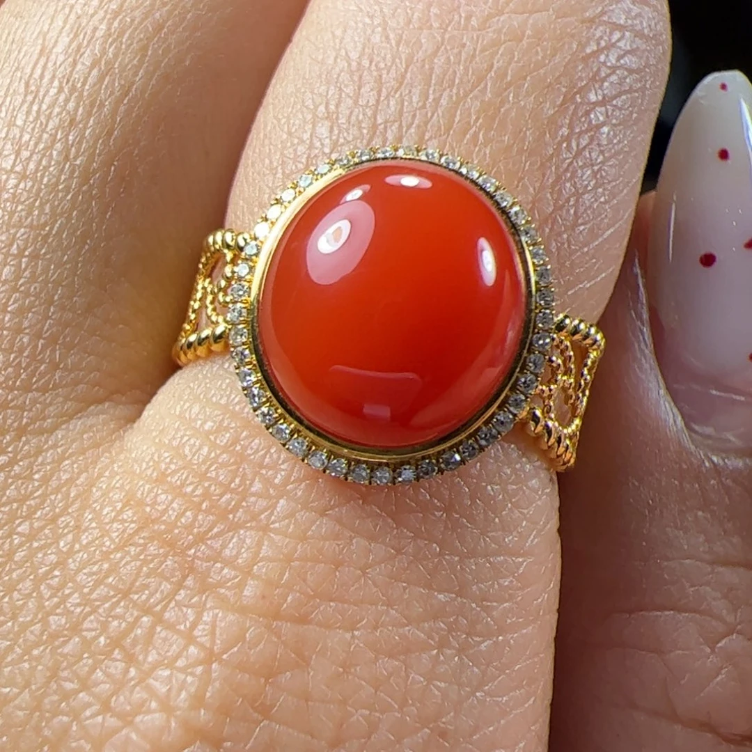 南红玛瑙18K金镶嵌女戒