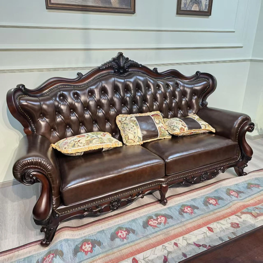 美式拉扣皮艺沙发轻奢实木复古客厅真皮组合别墅头层牛皮美式沙发