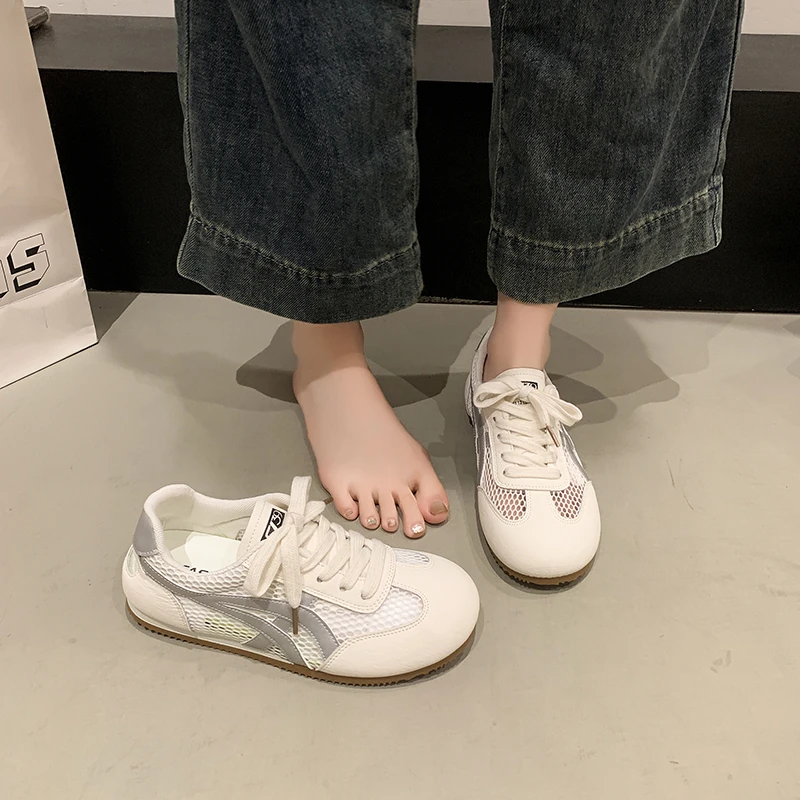 2025新款单网平底板鞋女夏百搭休闲德训鞋小众镂空单网透气小白鞋
