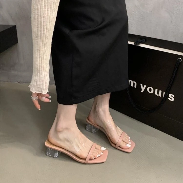 粗跟透明水晶跟凉鞋女夏2025新款外穿一字带拖鞋时尚休闲凉拖鞋女