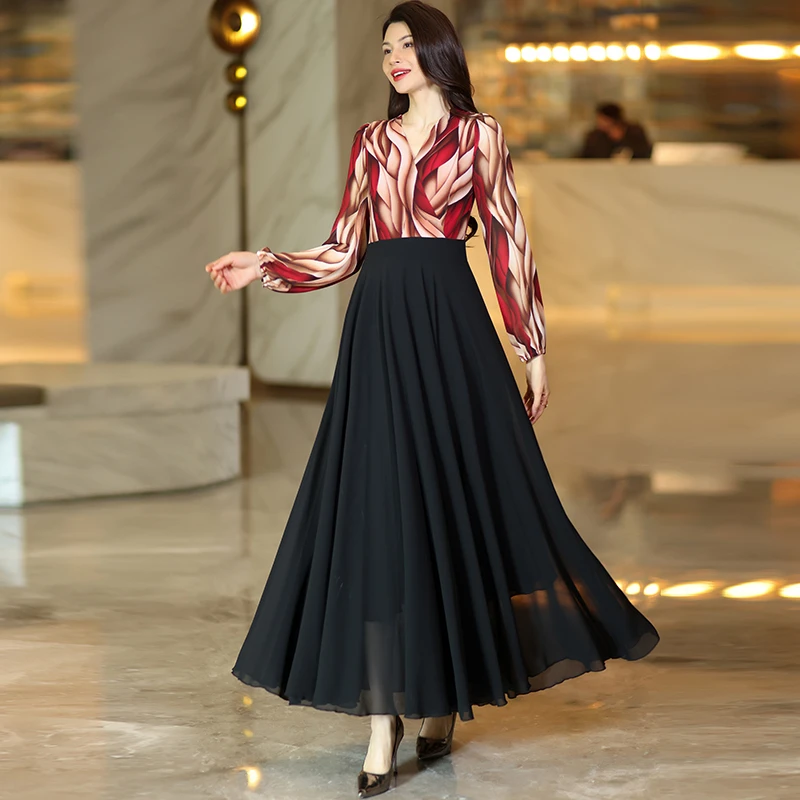 交叉领拼接夏季拉链长裙连衣裙碎花V领印花