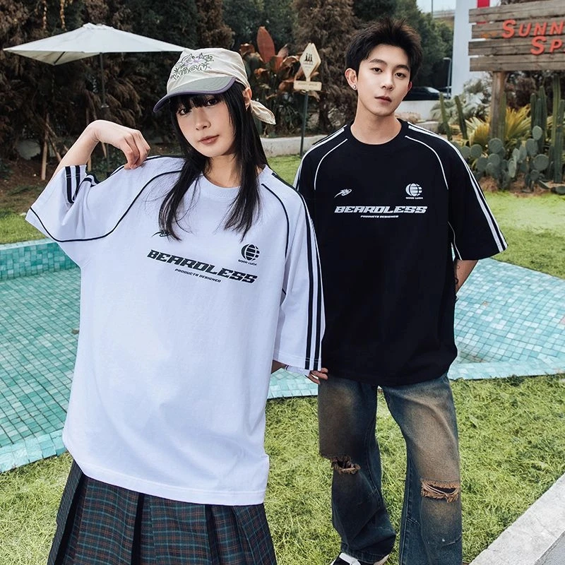 大码t恤圆领青少年夏季条纹情侣短袖宽松韩风男式打底上衣ins时尚