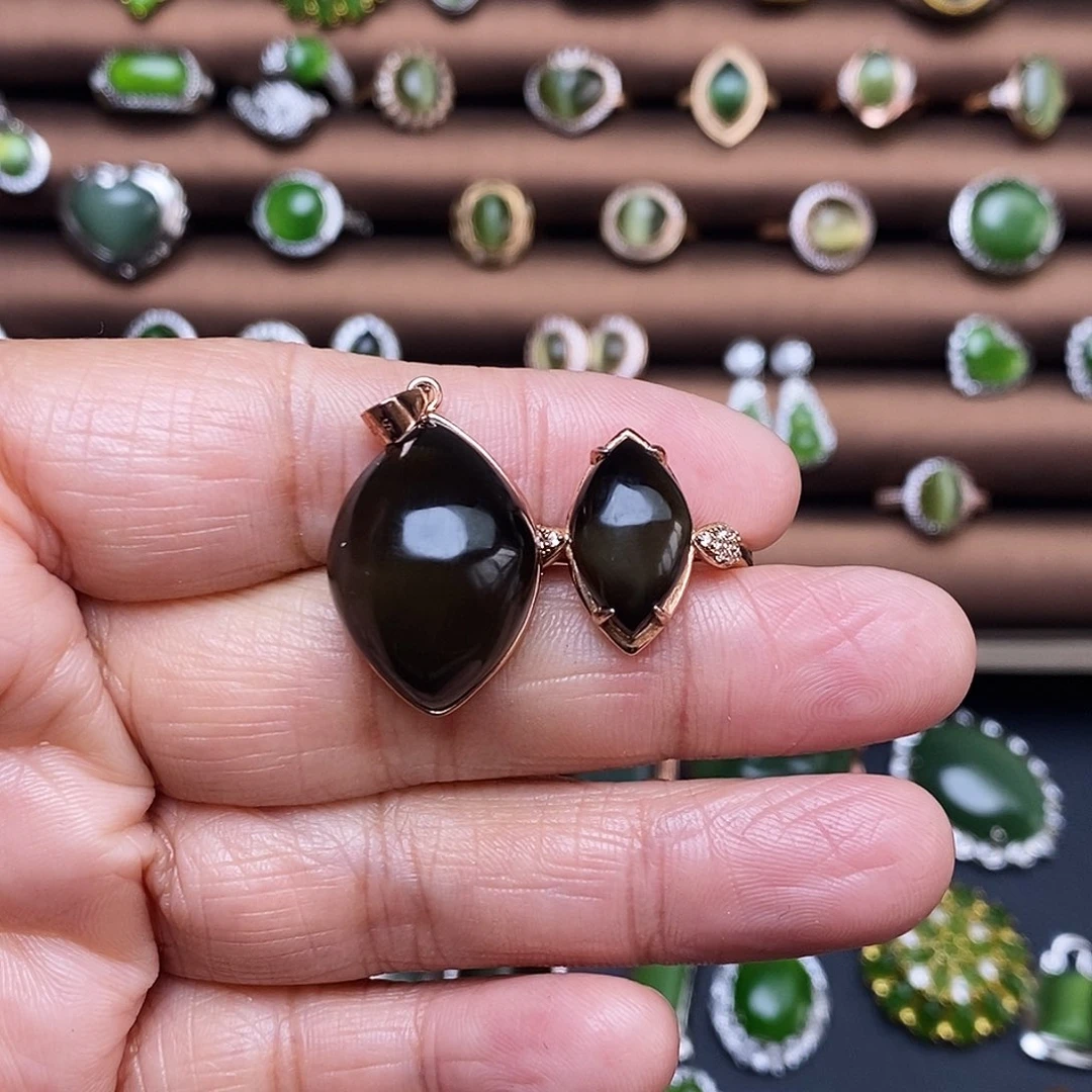 吊坠(不含链)银S925镶嵌和田玉（碧玉）套装