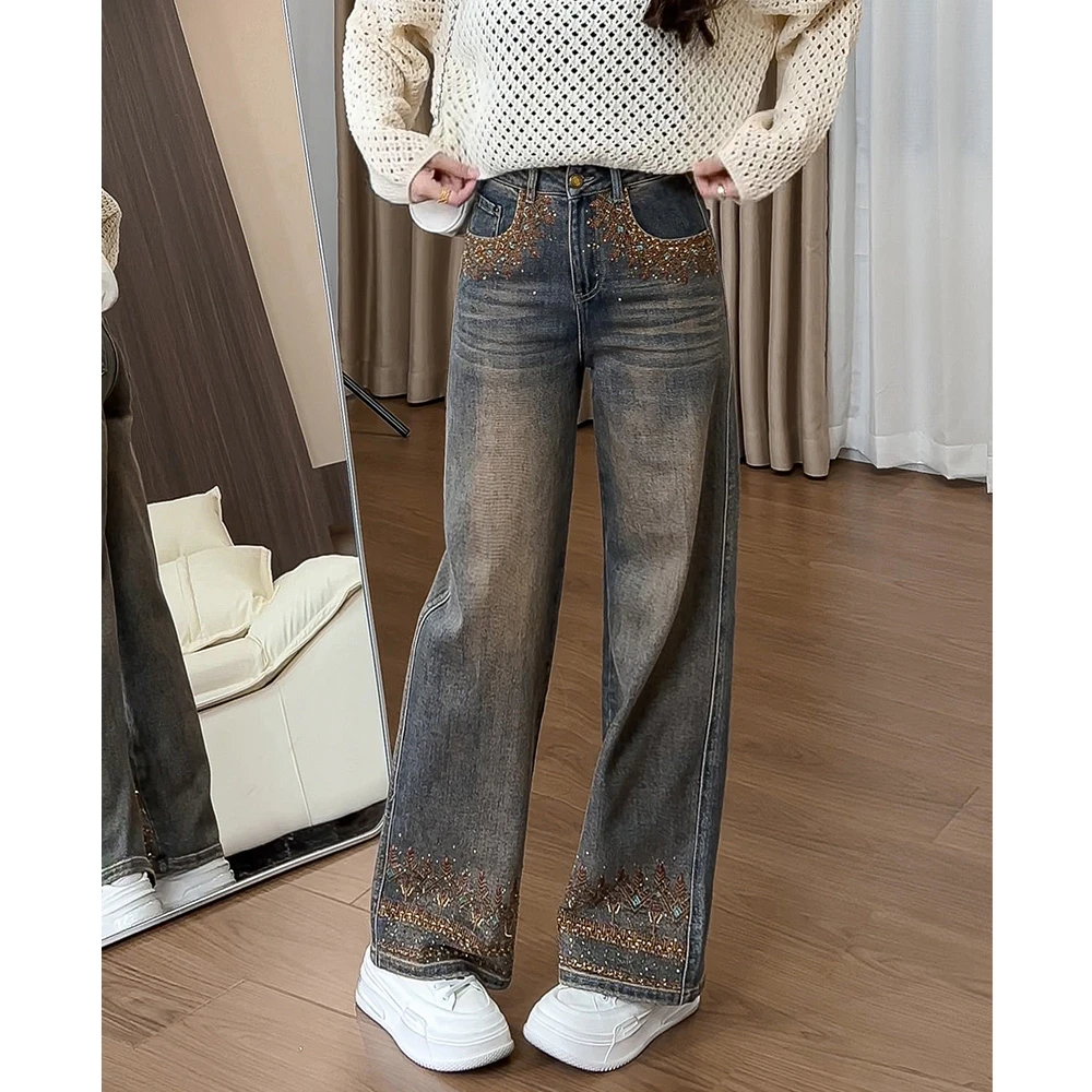 267刺绣国风复古怀旧高腰牛仔裤女2025秋季九分宽松阔腿直筒裤子