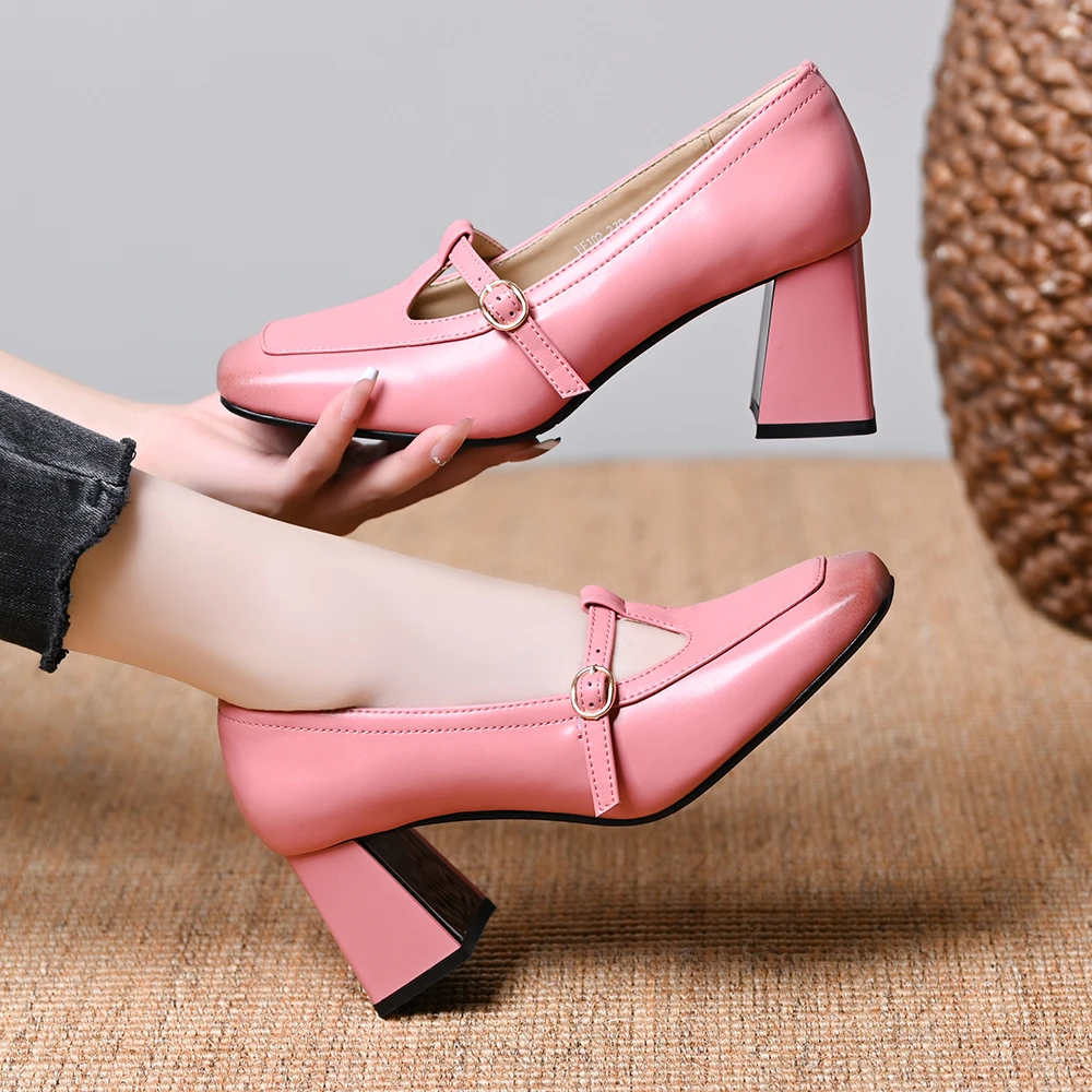 法式复古方头粉色玛丽珍鞋粗跟2025春季新款T型浅口单鞋女