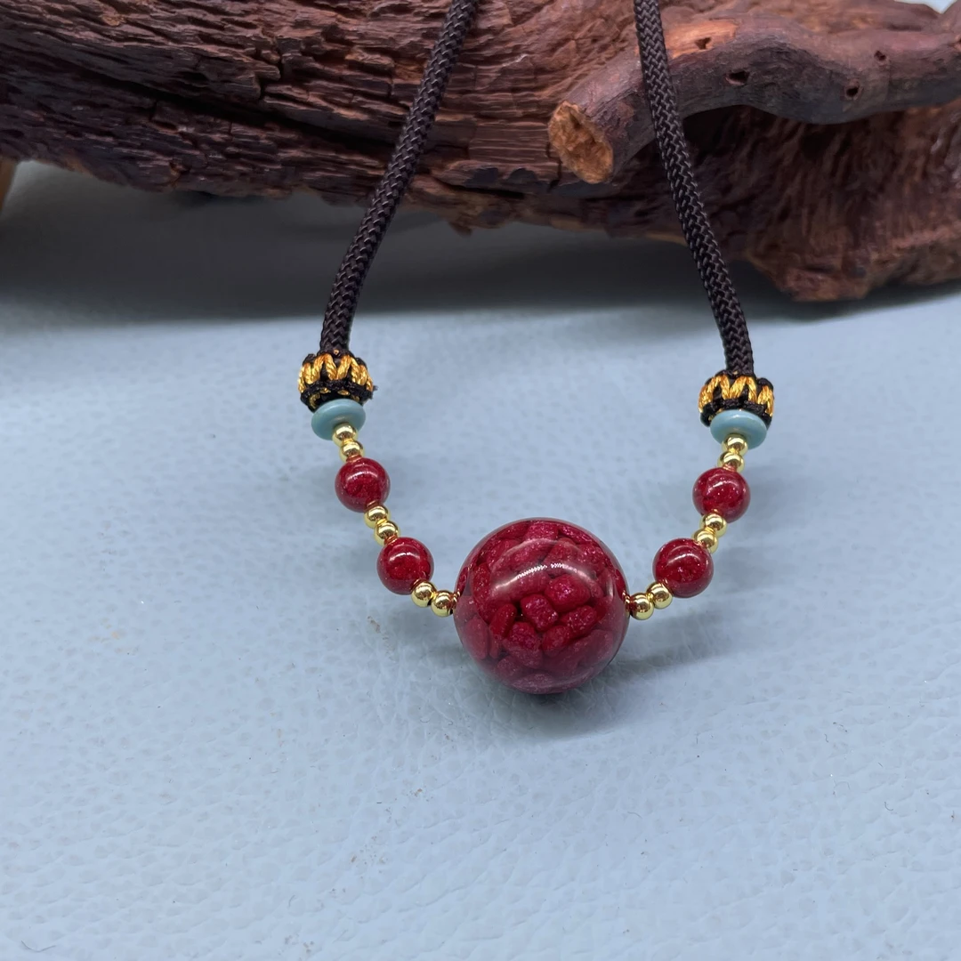 含辰砂工艺品18MM单珠朱砂设计款锁骨链 全透晶体砂