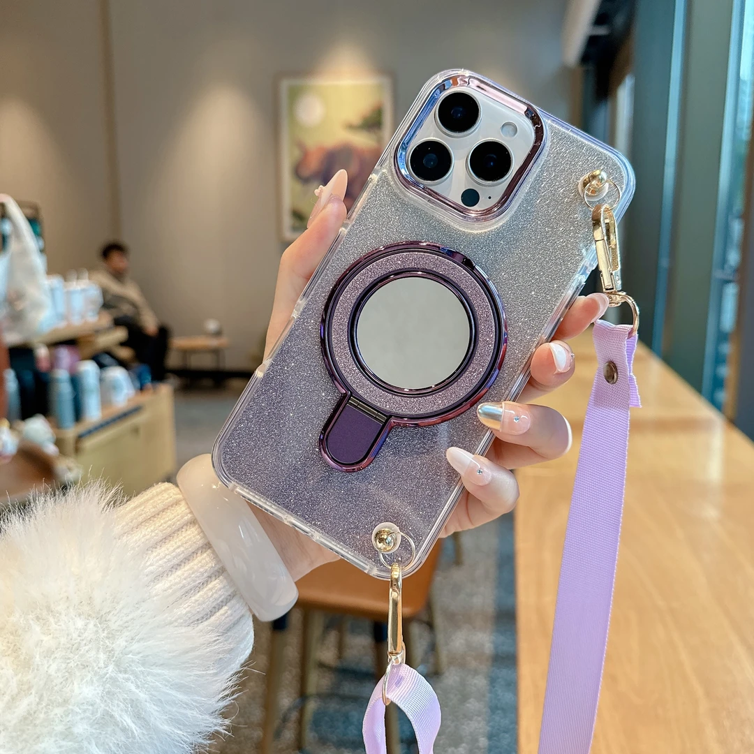 闪粉镜子支架14适用iPhone16promax手机壳15斜挎13带挂绳1211plus