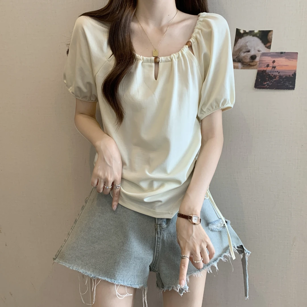 大码不规则设计感串珠短袖t恤女夏季打底衫胖mm法式遮肚百搭上衣