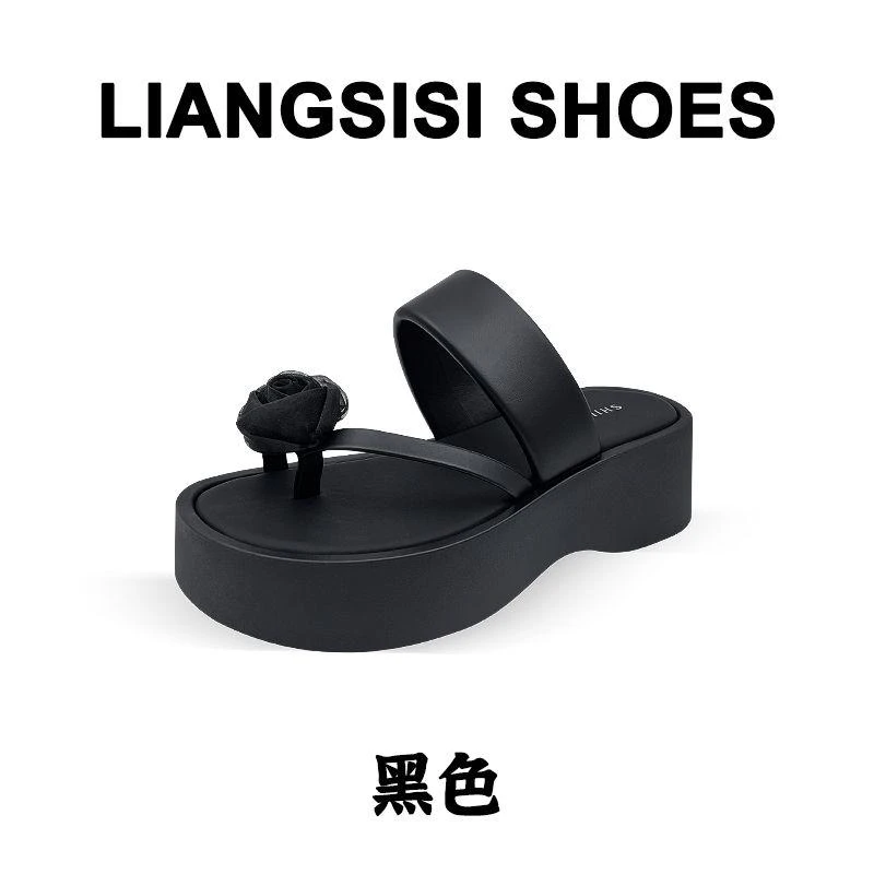 梁思思SHOES【黑玫瑰】高级经典百搭复古厚底花朵女鞋凉拖-25323