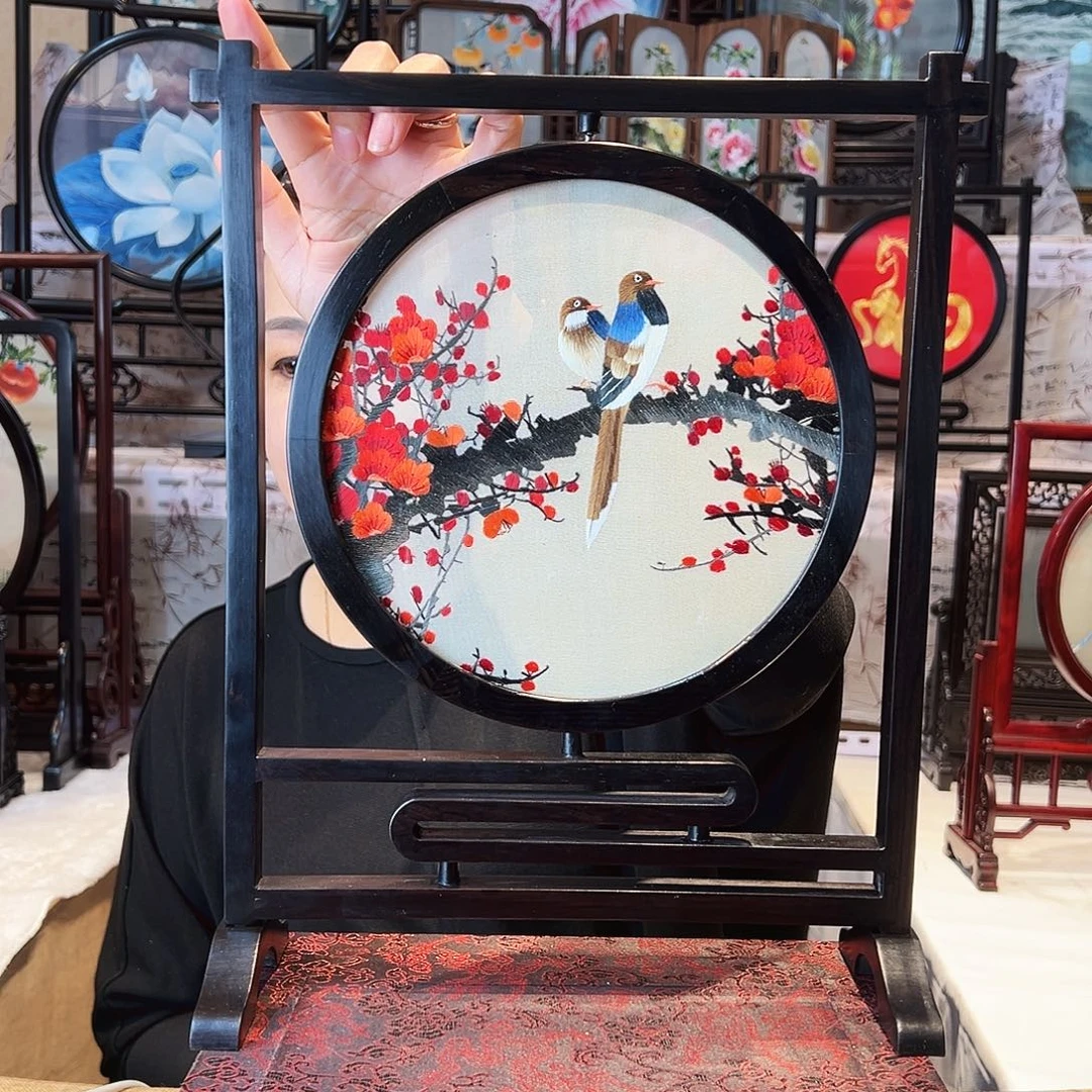 织绣苏绣摆台檀木手工双面