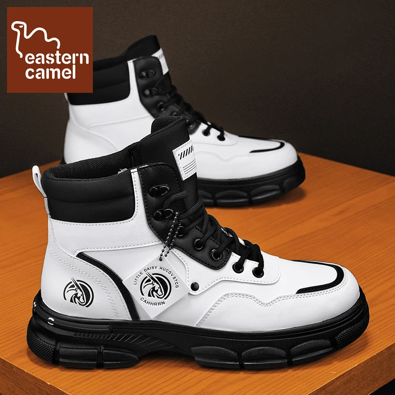 东方骆驼高帮马丁靴秋季新款白色百搭增高潮流工装鞋皮面防水潮鞋
