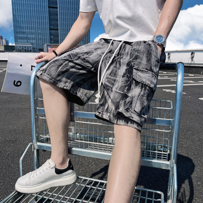 美式扎染牛仔短裤男夏2025新款水洗纹理设计时尚百搭直筒五分中裤